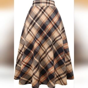 Plaid A-Line Midi Skirt in Beige and Navy